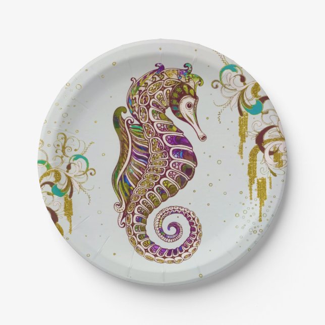 Gold Summer Rainbow Seahorse Glitter Paper Plate (Front)