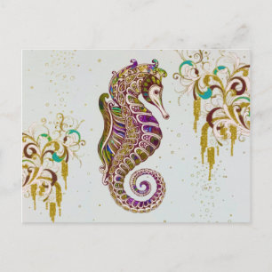 Gold Summer Rainbow Seahorse Glitter Postcard