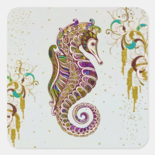 Gold Summer Rainbow Seahorse Glitter Square Sticker
