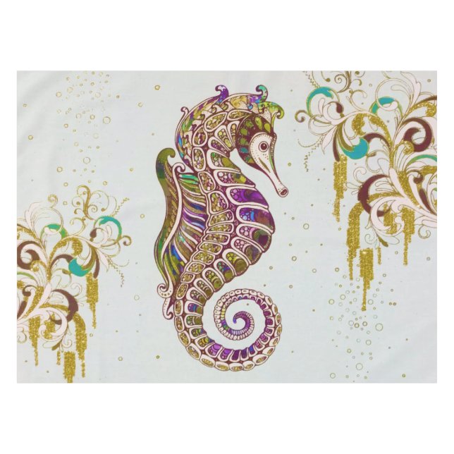Gold Summer Rainbow Seahorse Glitter Tablecloth (Front (Horizontal))