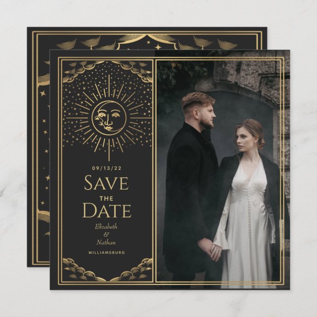 Gold Sun and Moon Tarot Card Photo Save the Date (Front/Back)