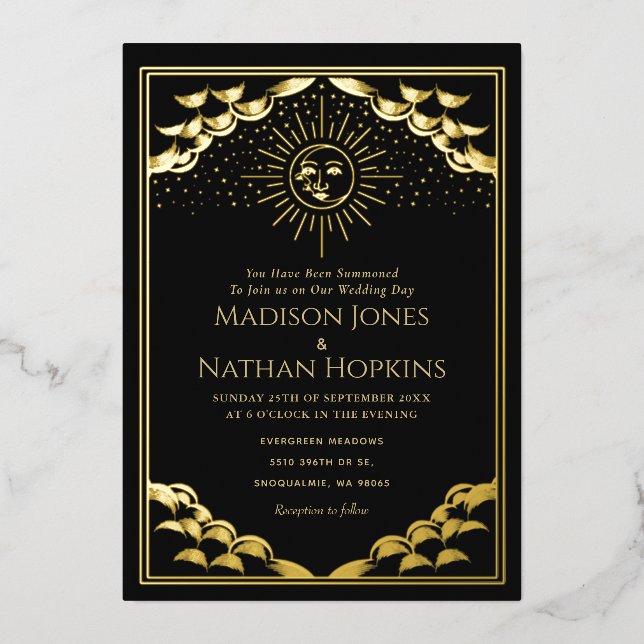 Gold Sun and Moon Tarot Card Wedding Invitation (Front)