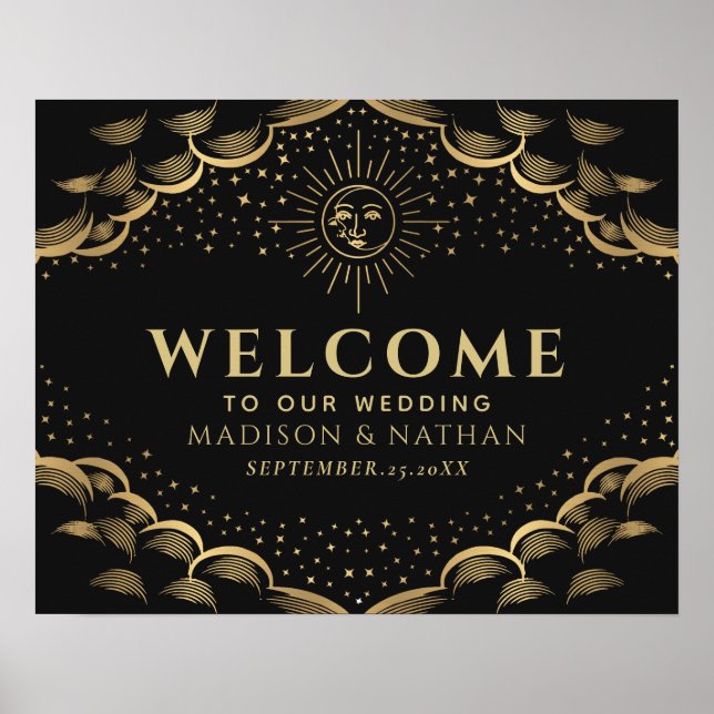 Gold Sun and Moon Tarot Card Wedding Welcome Sign (Front)