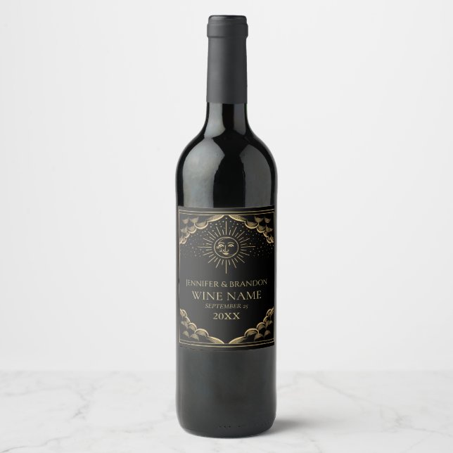 Gold Sun and Moon Tarot Card Wedding Wine Label (Front)