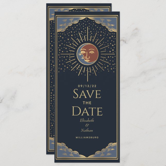 Gold Sun and MoonTarot Card Save the Date (Front/Back)