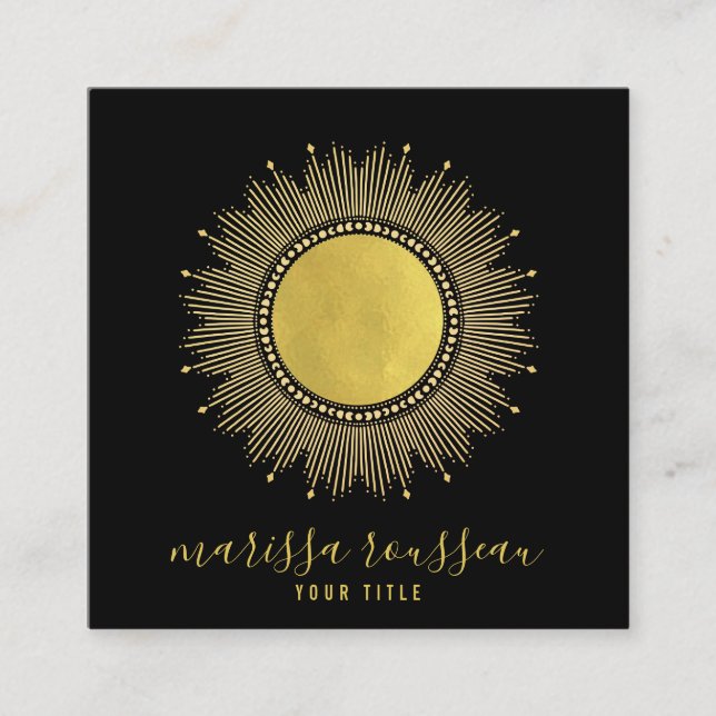 Gold Sun Faux Foil Mandala Black Jewellery Designe Square Business Card (Front)