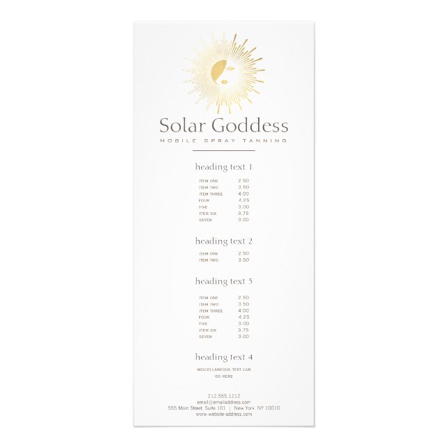 Gold Sun Goddess Girl Spray Tanning Salon Rack Card (Front)