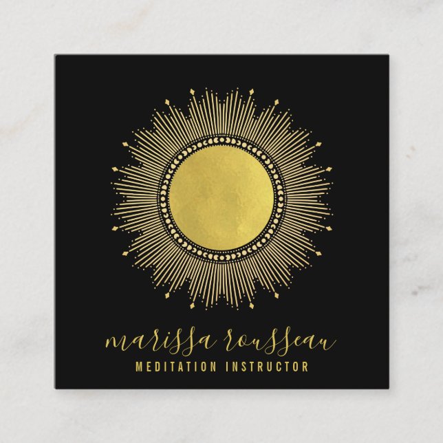 Gold Sun Mandala Black Meditation Instructor Square Business Card (Front)