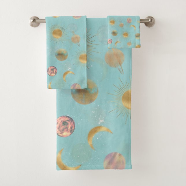 Gold Sun Moon Planets Space Blue illustration Bath Towel Set (Insitu)