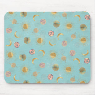 Gold Sun Moon Planets Space Blue illustration Mouse Mat