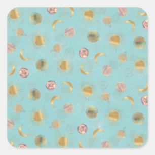 Gold Sun Moon Planets Space Blue illustration Square Sticker