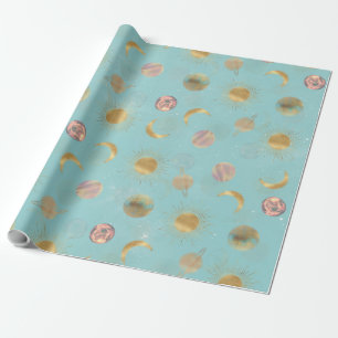Gold Sun Moon Planets Space Blue illustration Wrapping Paper