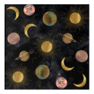 Gold Sun Moon Planets Space illustration Acrylic Print
