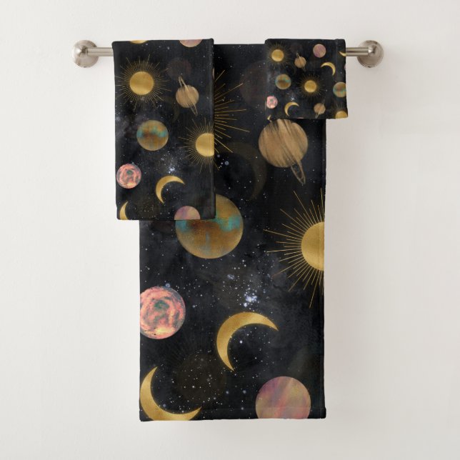 Gold Sun Moon Planets Space illustration Bath Towel Set (Insitu)