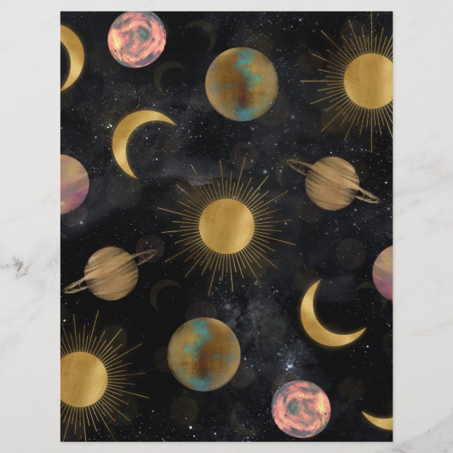 Gold Sun Moon Planets Space illustration Custom Letterhead (Front)