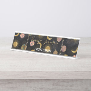 Gold Sun Moon Planets Space illustration Desk Name Plate
