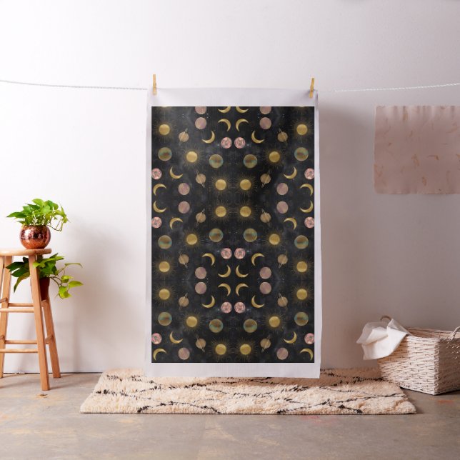 Gold Sun Moon Planets Space illustration Fabric (In Situ)