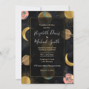 Gold Sun Moon Planets Space illustration Invitation