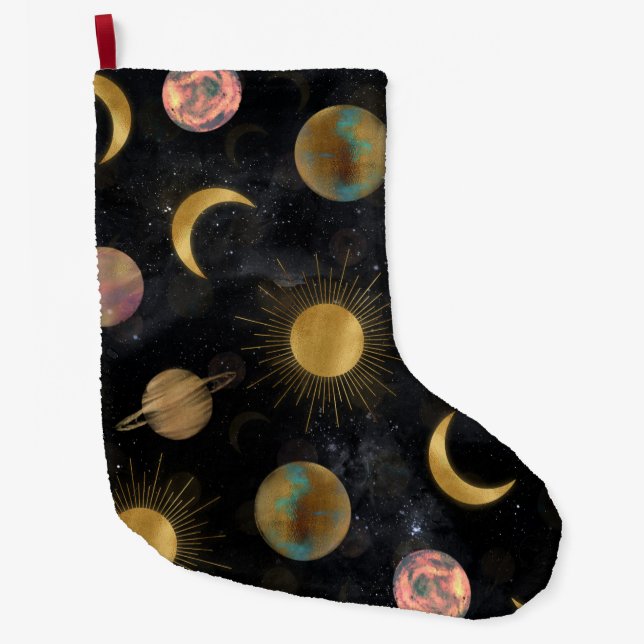 Gold Sun Moon Planets Space illustration Large Christmas Stocking (Front)