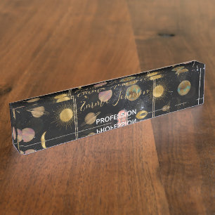 Gold Sun Moon Planets Space illustration Nameplate