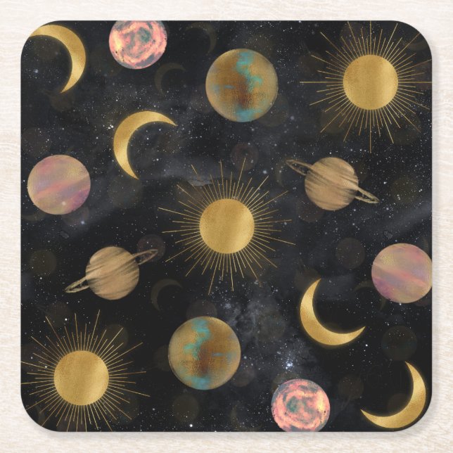 Gold Sun Moon Planets Space illustration Square Paper Coaster (Front)