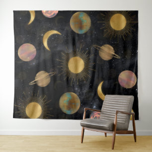 Gold Sun Moon Planets Space illustration Tapestry