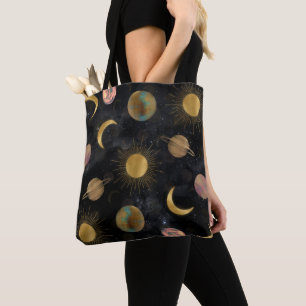 Gold Sun Moon Planets Space illustration Tote Bag