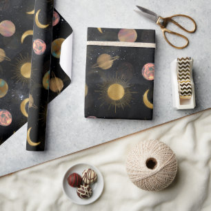 Gold Sun Moon Planets Space illustration Wrapping Paper