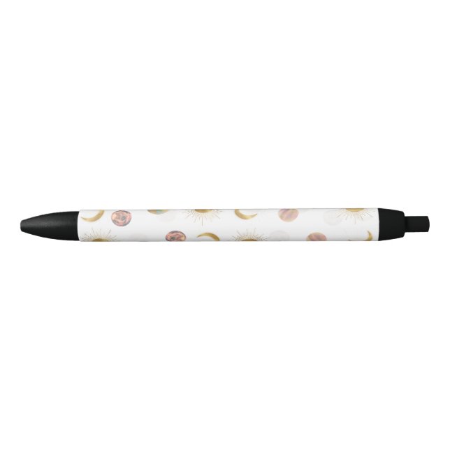 Gold Sun Moon Planets Space White illustration Black Ink Pen (Front)