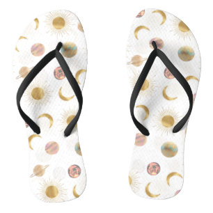 Gold Sun Moon Planets Space White illustration Flip Flops
