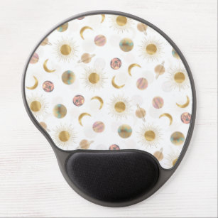 Gold Sun Moon Planets Space White illustration Gel Mouse Mat