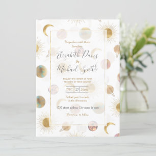 Gold Sun Moon Planets Space White illustration Invitation