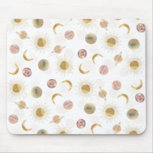 Gold Sun Moon Planets Space White illustration Mouse Mat