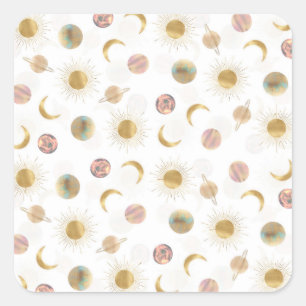 Gold Sun Moon Planets Space White illustration Square Sticker