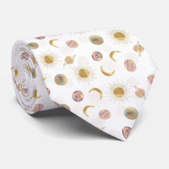 Gold Sun Moon Planets Space White illustration Tie (Rolled)