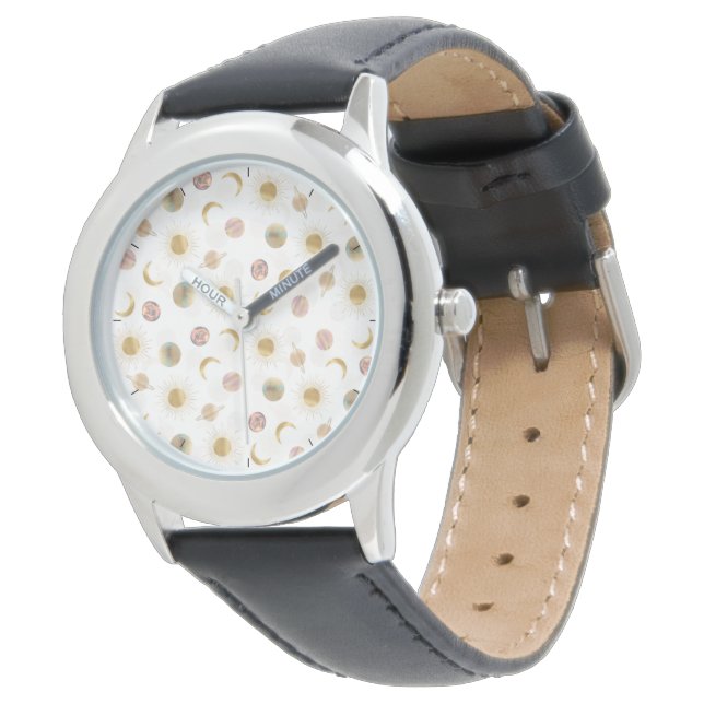 Gold Sun Moon Planets Space White illustration Watch (Angled)