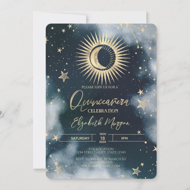 Gold Sun,Moon,Stars Night Sky Quinceanera Invitation (Front)