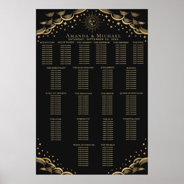 Gold Sun & Moon Tarot Wedding Seating Chart (Front)