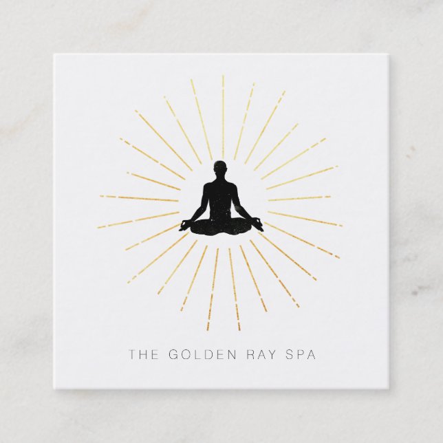 *~* Gold Sun Rays Man Meditation Yoga Pose Square Business Card (Front)