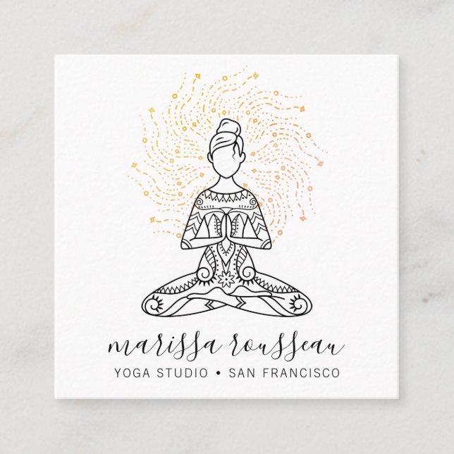 Gold Sun Rays Yoga Instructor Square Business Card (Front)