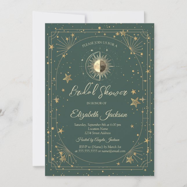 Gold Sun Stars Frame Green Bridal Shower Invitation (Front)