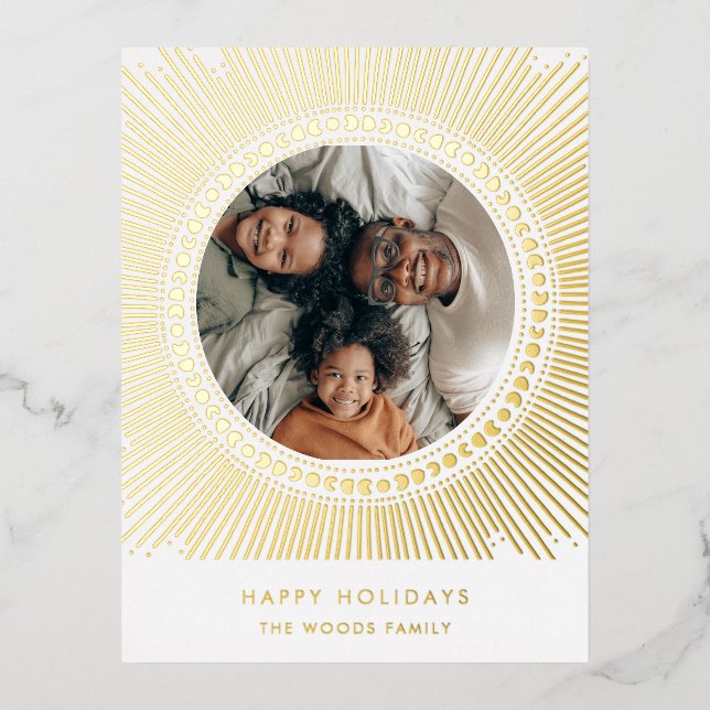 Gold sunburst frame art deco family photo foil holiday postcard (Front)