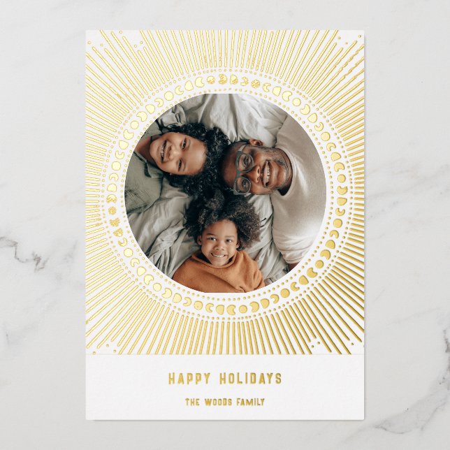 Gold sunburst frame art deco photo foil holiday card (Front)