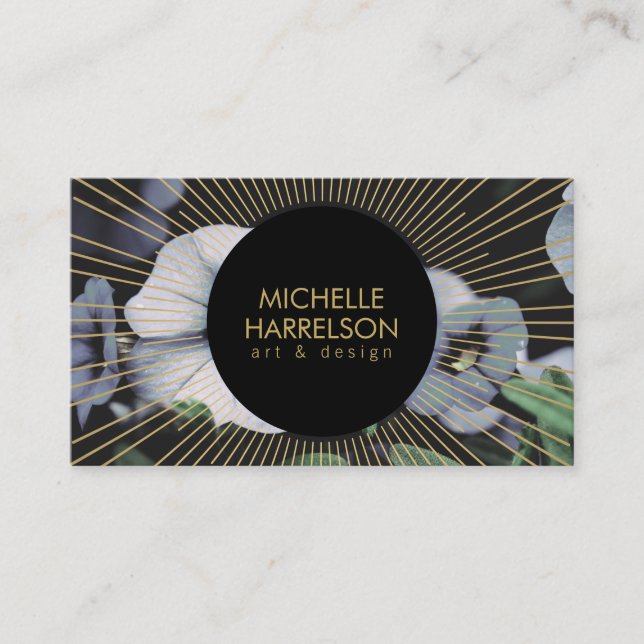 Gold Sunburst on White Flowers Business Card (Front)