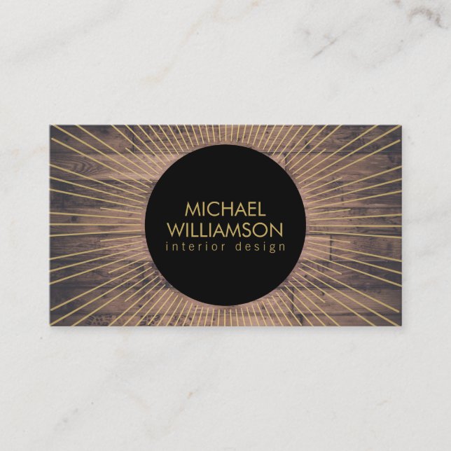 Gold Sunburst with Rustic Woodgrain Designer Business Card (Front)