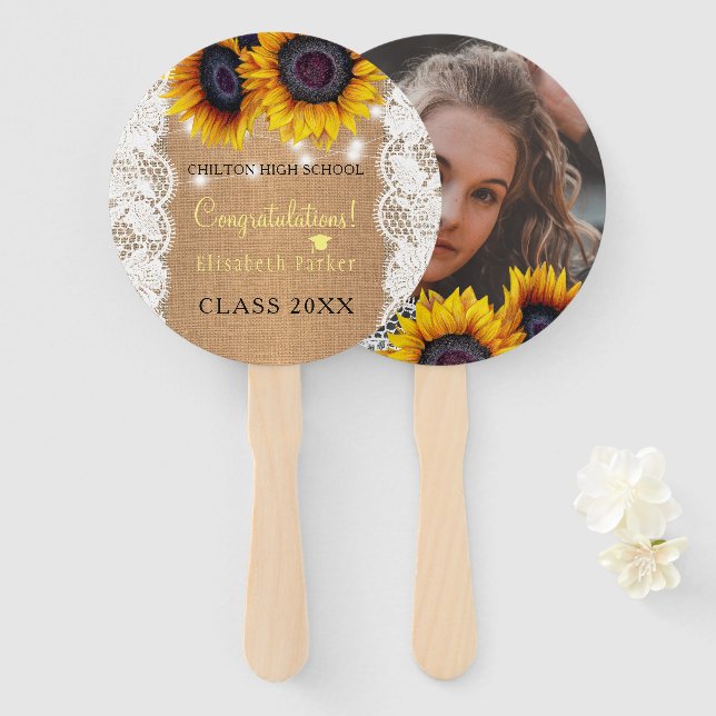 Gold sunflower burlap lace PHOTO graduation party Hand Fan (Front and Back)