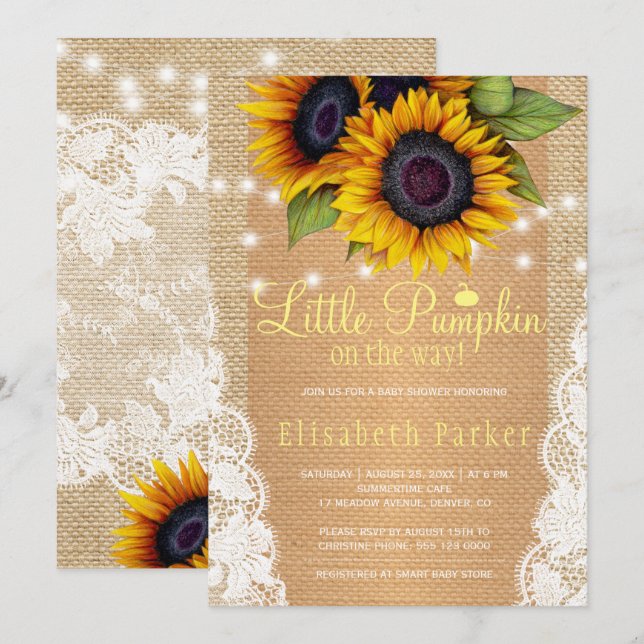 Gold sunflower country burlap and lace baby shower invitation (Front/Back)