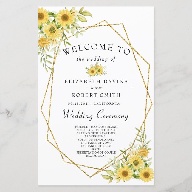 Gold Sunflower Geometric Rustic Elegant Wedding (Front)