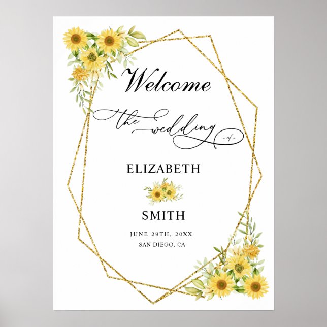 Gold Sunflower Geometric Rustic Elegant Wedding Poster (Front)