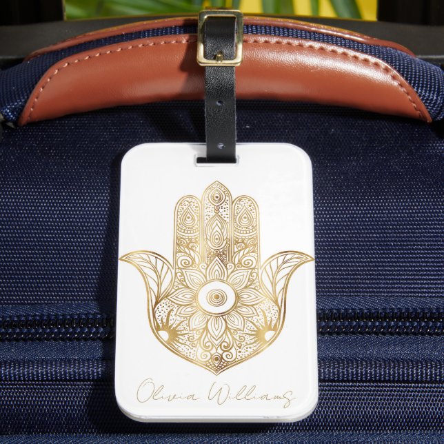 Gold Sunflower Hamsa Hand Luggage Tag (Front Insitu 2)